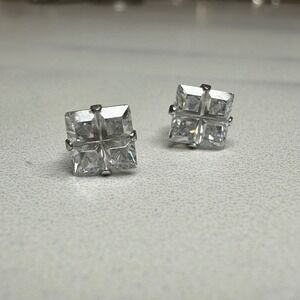 Square Cubic Zirconia Stud Earrings Shiny Sterling Silver Princess Cut‎